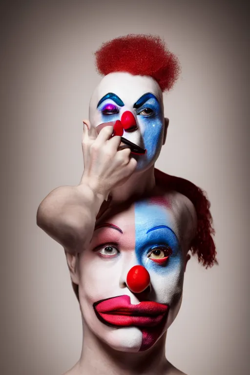 Image similar to a clown putting on makeup, fine - art photography, portrait, award - winning photo, 4 k, 8 k, studio lighting, nikon d 6, 3 5 mm