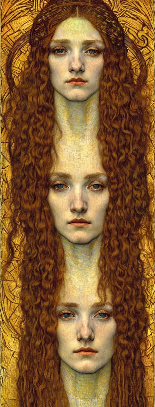 Image similar to detailed realistic beautiful young medieval queen face portrait by jean delville, gustav klimt and vincent van gogh, art nouveau, symbolist, visionary, gothic, pre - raphaelite, muted earthy colors, desaturated