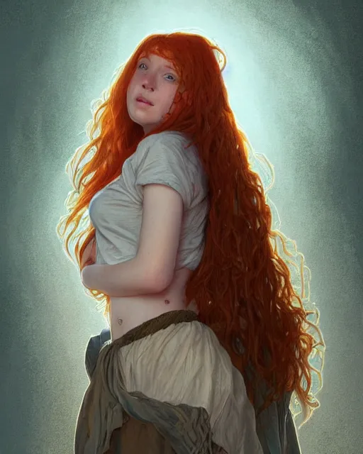 Image similar to portrait of 1 4 - year - old girl with flaming red hair, a lot of freckles, and bright brown eyes, wearing shirt, hyper realistic face, beautiful eyes, fantasy art, in the style of greg rutkowski, intricate, alphonse mucha, hyper detailed, smooth