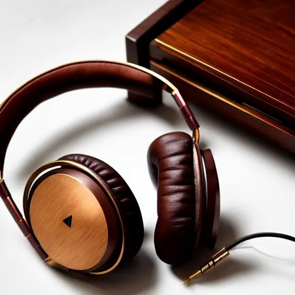Prompt: beautiful stunning meze classics headphones on a mahogany desk next to a sleek macbook, modernist headphones, wood headphones, gold metals, audiophile, intricate high detail, extreme quality, photographic, meze audio, sennheiser, hifi