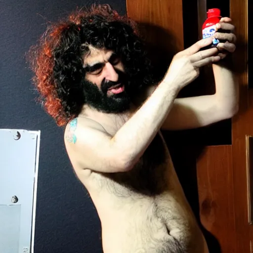 Image similar to drunk caparezza, holding a bottle, sick