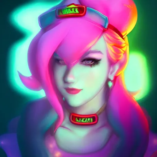 Prompt: Princess peach mixed with jinx from league of legends with neon lighting, trending on artstation, by WLOP and Joe Benitez