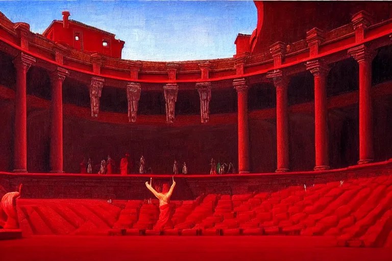 Image similar to only with red, a red great emperor, taormina amphitheatre, crowd with big smile, in the style of beksinski, parts by edward hopper, parts by rodcenko, parts by yue minjun, intricate and epic composition, red by caravaggio, insanely quality, highly detailed, masterpiece, red light, artstation, 4 k