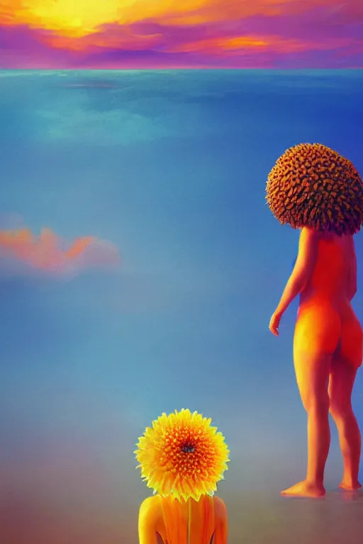 Image similar to closeup giant dahlia flower head, girl standing on beach, surreal photography, blue sky, sunrise, dramatic light, impressionist painting, digital painting, artstation, simon stalenhag