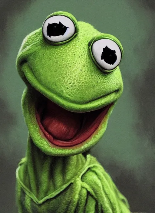 Prompt: portrait of Kermit the frog in Antichrist (2009), highly detailed, centered, solid color background, digital painting, artstation, concept art, smooth, sharp focus, illustration, artgerm, donato giancola, Joseph Christian Leyendecker, Les Edwards, Ed Repka, WLOP, Artgerm