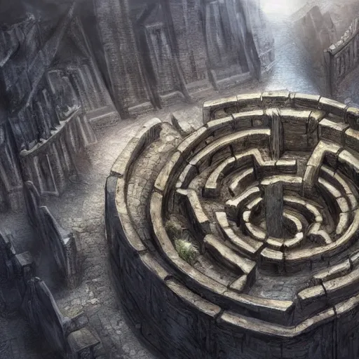 Image similar to fantasy concept art, walled city built into a labyrinth, icy mountains nearby, 8k, high detail