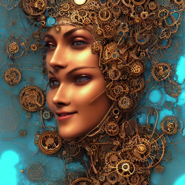 Prompt: beautiful smiling symmetrical face portrait android woman time machine axonometric mechanical fantasy intricate elegant highly detailed in volumetric void of latent space, lush flowers intricate jewellery, realm of the gods golden turquoise steampunk, axonometric high contrast cinematic light, mystical shadows, digital painting, sharp focus, octane render, photographic, concept art, artist leonardo davinci, unreal engine 8 k