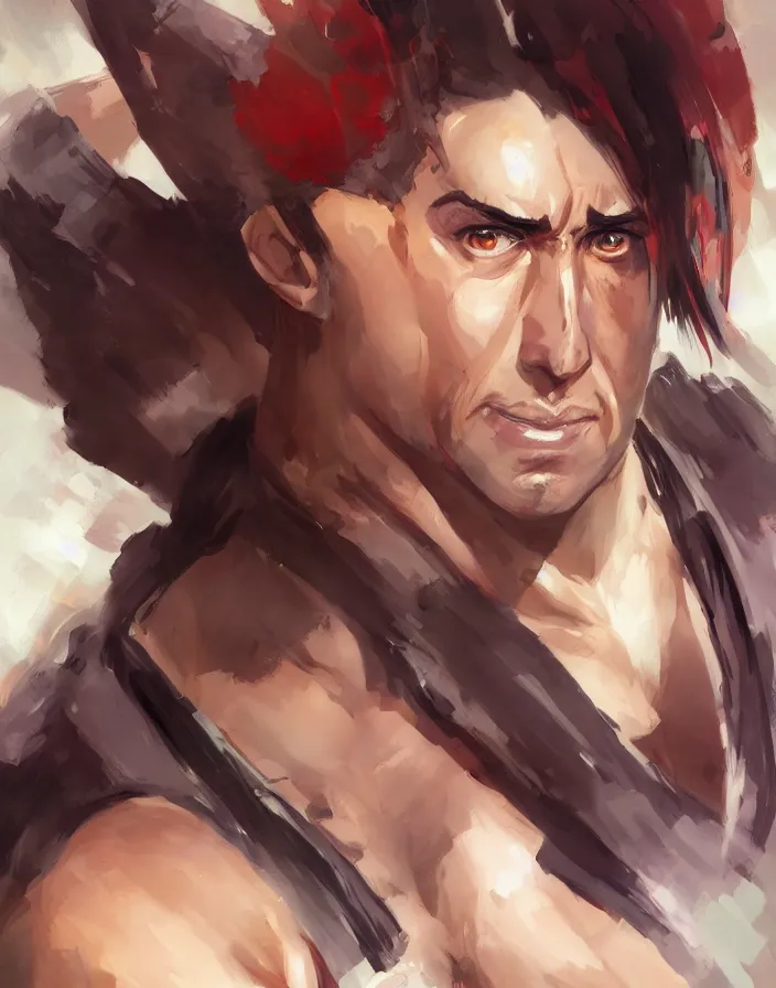 Image similar to anime portrait of nicolas cage as a muscular anime boy by Stanley Artgerm Lau, WLOP, Rossdraws, James Jean, Andrei Riabovitchev, Marc Simonetti, and Sakimichan, trending on artstation