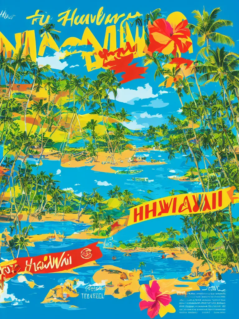 Prompt: travel tourism poster, visit hawaii, graphic design, cut and paste, vibrant colors, thick border, illustrated
