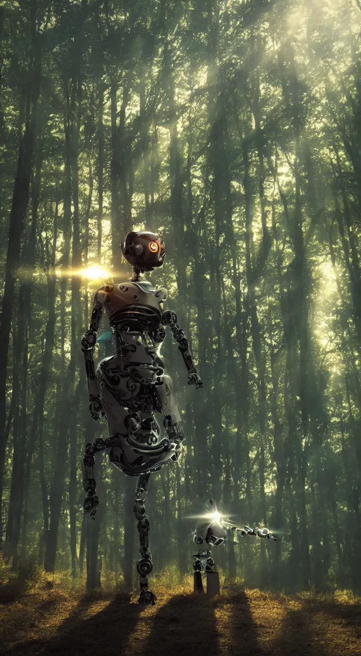 Prompt: a robot portrait in a movie, forest, cinematic shot, sun beams