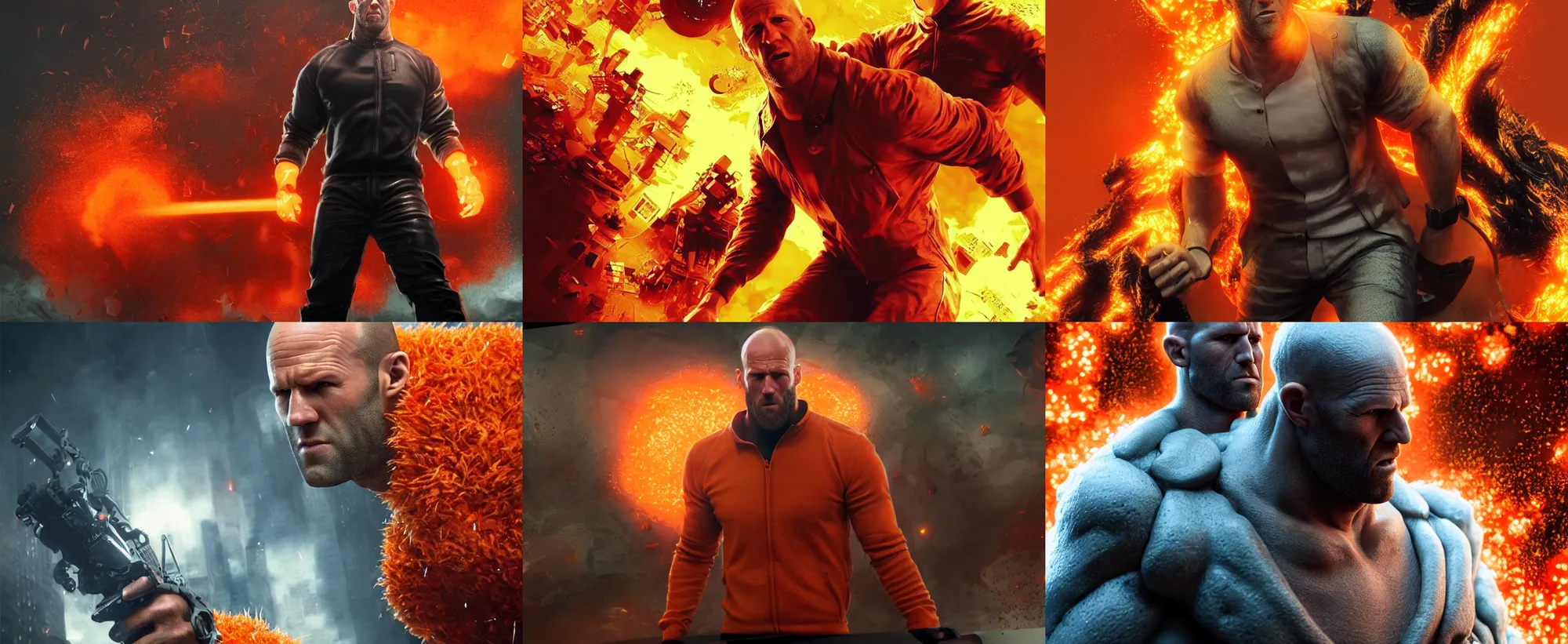 Prompt: ultrarealistic giant jason statham wearing orange monster chicken suit ultimate attack in tokyo by yusuke murata, explosions, octane render, character concept art, movie action still frame, cinematic lighting, volumetric lighting, extreme intricate details, artstation, dnd art, cgsociety, sharp focus, ultra wide angle, digital painting by artgerm, gerald brom, wlop