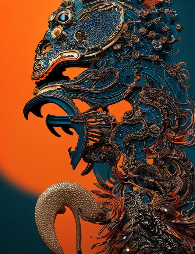 Image similar to 3 d goddess close - up profile portrait biomechanics with ram skull. beautiful intricately detailed japanese crow kitsune mask and clasical japanese kimono. betta fish, jellyfish phoenix, bio luminescent, plasma, ice, water, wind, creature, artwork by tooth wu and wlop and beeple and greg rutkowski. gold black teal and orange color scheme