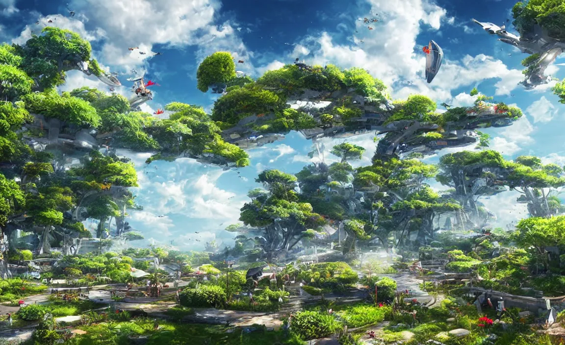 Prompt: big garden ， a sunny day ， outdoors ， the blue sky and white clouds ， beautiful scenery, future science fiction. game cg, hyperdetailed, trending on cgsociety