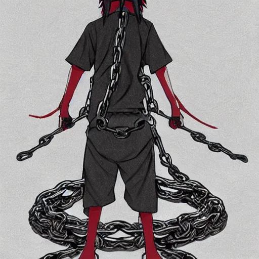 Image similar to A FULL BODY PORTRAIT FROM BEHIND OF UCHIHA ,THE MAN KEEPS A KUSARIGAMA AND IT IS WRAPPED IN CHAINS ,detailed, concept art, ink style , sketch