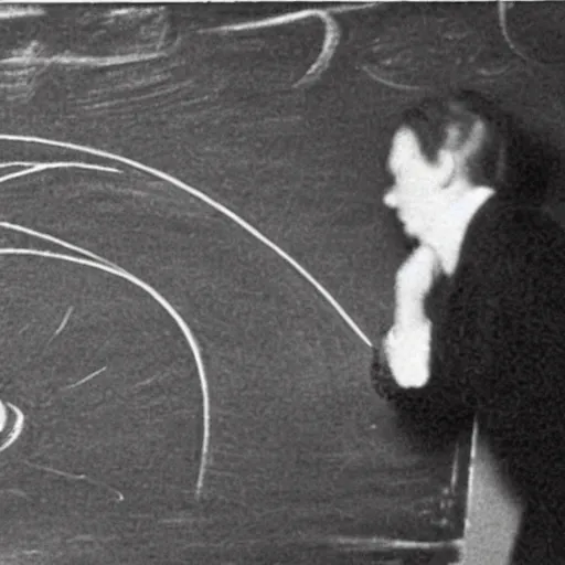 Image similar to a 1900s grainy photo of a university's teacher drawing a black hole on the board