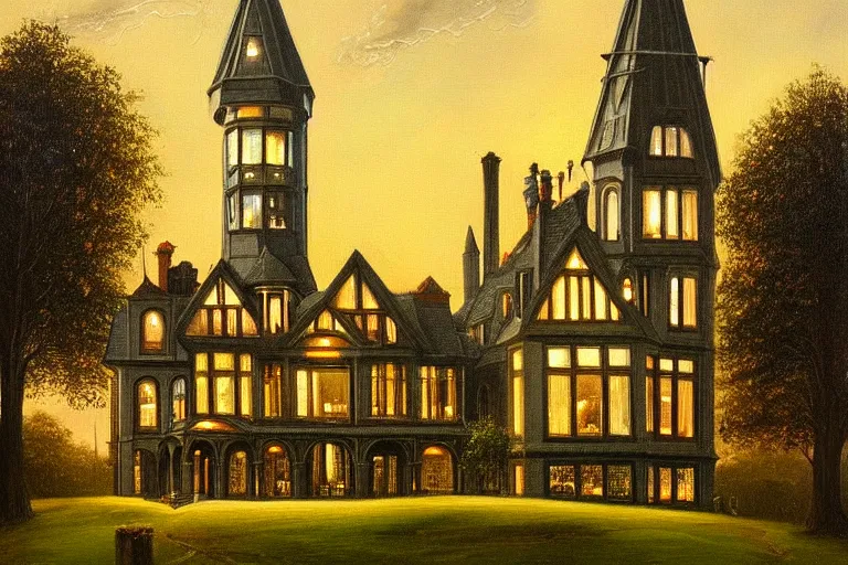 Image similar to a beautiful painting of a victorian house with bay windows, and a tower at night, very detailed by samuel and joseph newsom, harry potter