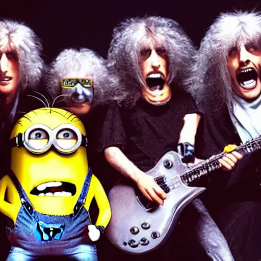 Prompt: minions as a heavy metal band from 8 0 s playing concert on wembley arena together with queen band