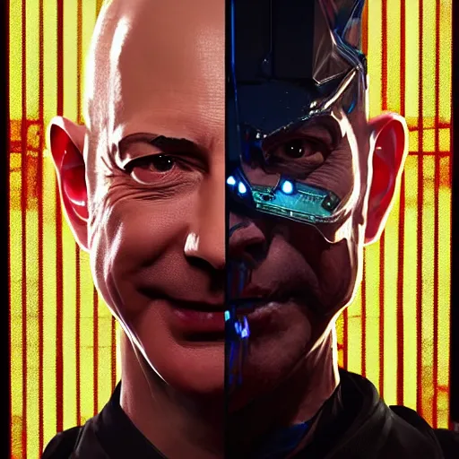 Prompt: front view, vicious, laughing portrait of Jeff Bezos as a cyberpunk 2077 loading screen, symmetry, front view, intricate, studio, art by anthony macbain + greg rutkowski + alphonse mucha, concept art, 4k, sharp focus