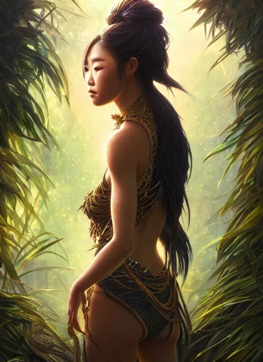 Image similar to karen fukuhara as queen of the jungle, intricate, elegant, glowing lights, highly detailed, digital painting, artstation, glamor pose, concept art, smooth, sharp focus, illustration, art by artgerm and greg rutkowski, artey freytag