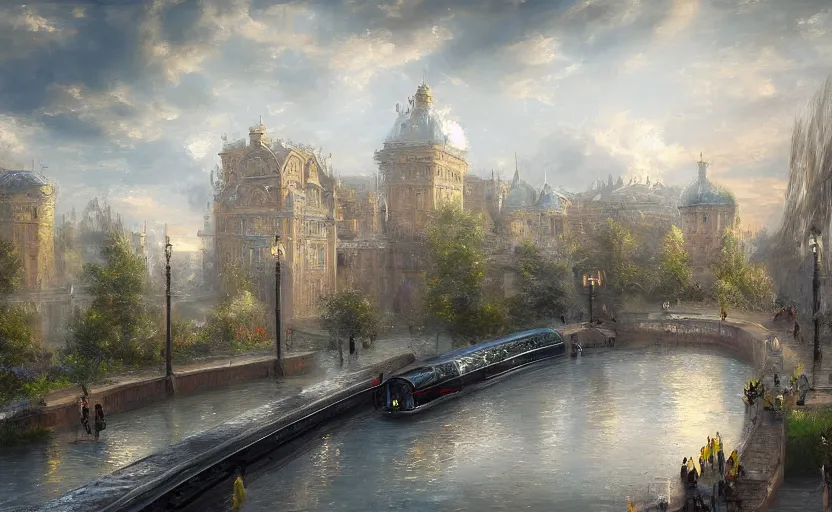 Image similar to An urban train rides inside of a waterway on a fantasy city, next to a fountain and a mystical palace. By Konstantin Razumov, Fractal flame, chiaroscuro, highly detailded