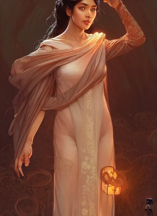 Image similar to cute brown woman wearing a transparent night gown and hanfu face veil, fantasy, intricate, highly detailed, digital painting, artstation, concept art, wallpaper, smooth, sharp focus, illustration, art by artgerm and greg rutkowski and alphonse mucha