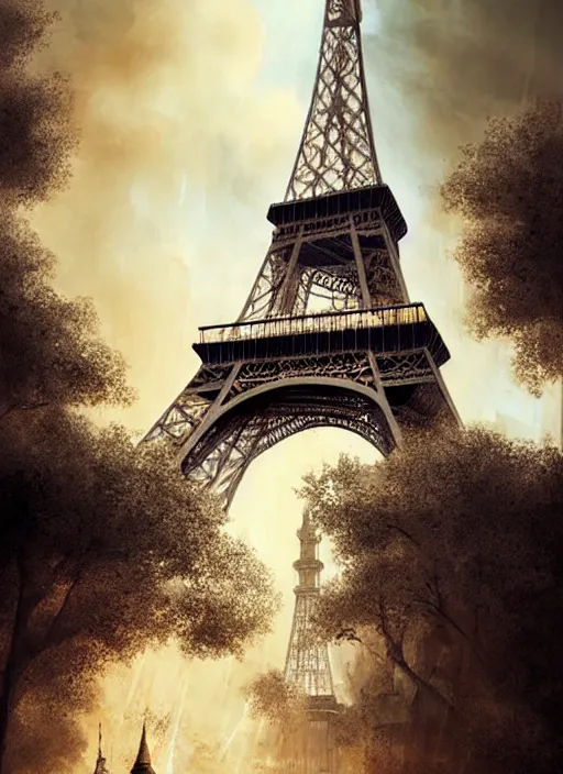 Prompt: fantasy drawing of the eiffil tower, high detail, art by emmanuel shiu