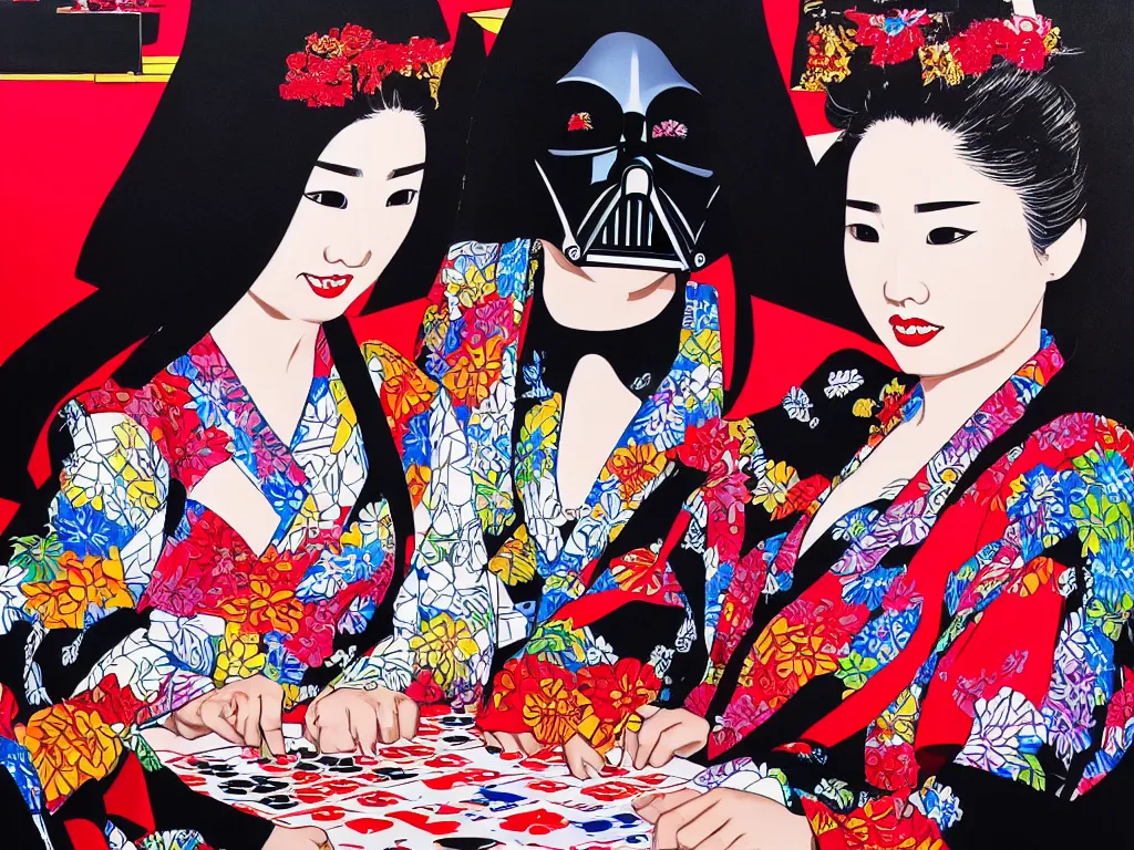 Image similar to hyperrealism composition of the detailed woman in a japanese kimono sitting at an extremely detailed poker table with darth vader, fireworks on the background, pop - art style, jacky tsai style, andy warhol style, acrylic on canvas