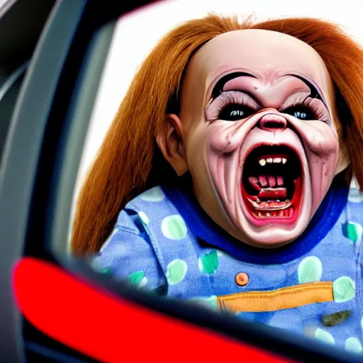 Image similar to a screaming chucky doll in rear view mirror