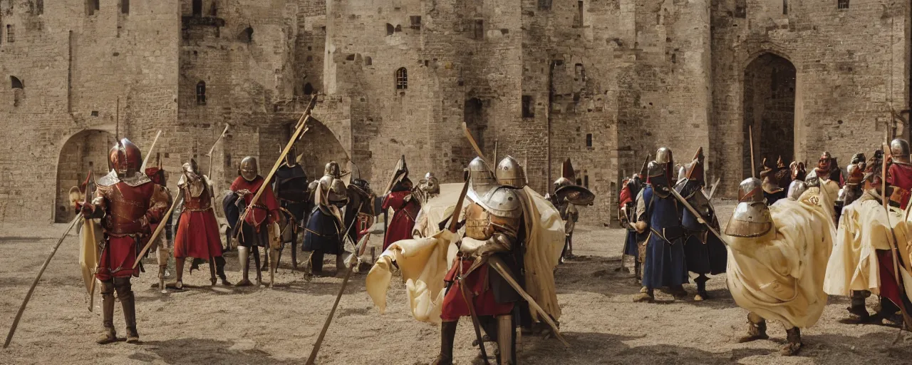 Prompt: medieval knights defending a large mound of spaghetti behind the castle gates, small details, realistic faces, intricate, canon 5 0 mm, high detail, intricate, cinematic lighting, photography, wes anderson, film, kodachrome