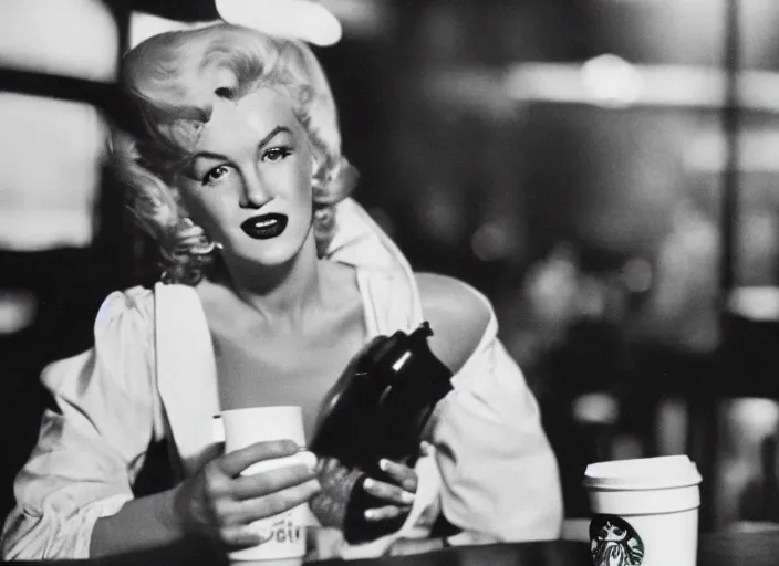 Image similar to A full-shot, color cinema film still of a marlin monroe drinking coffee at a starbucks, ambient lighting at night.