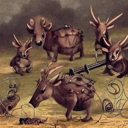 Prompt: a band of little horned creatures with weapons and nets and traps looking menacingly