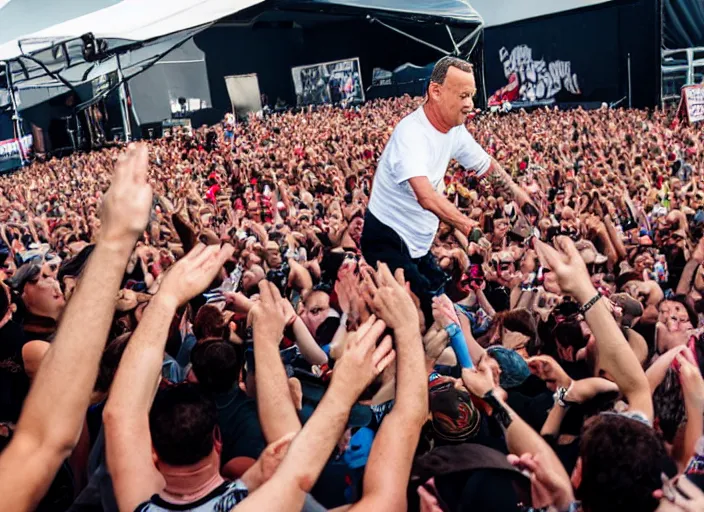 Image similar to photo still of tom hanks at vans warped tour!!!!!!!! at age 4 5 years old 4 5 years of age!!!!!!! stage diving into a crowd, 8 k, 8 5 mm f 1. 8, studio lighting, rim light, right side key light