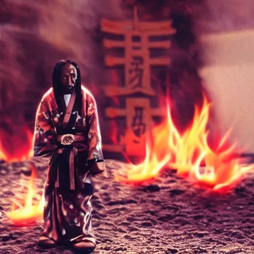 Image similar to cinematic film still Lil' Wayne starring as a Samurai holding fire, Japanese CGI, VFX, 2003, 400mm lens, f1.8, shallow depth of field,film photography