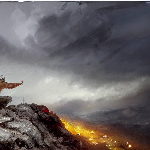 Prompt: painting of an old man with a silver gray beard and ragged robes knelt down on the peak of a mountain writing on a stone, the sky above is wreathed in flames, by Jeremy Mann, realistic, detailed, ancient, digital art, apocalyptic, earth tones, dramatic, cinematic lighting