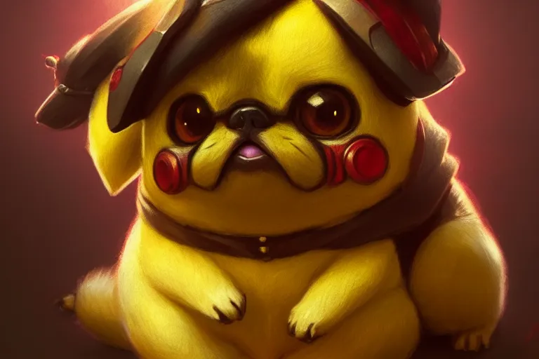 Image similar to photography of pikachu pug, deep focus, d & d, intricate, elegant, highly detailed, digital painting, artstation, concept art, matte, sharp focus, illustration, hearthstone, art by artgerm and greg rutkowski and alphonse mucha