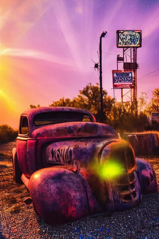 Image similar to a sunset light landscape with historical route 6 6, lots of sparkling details and sun ray ’ s, blinding backlight, smoke, volumetric lighting, colorful, octane, 3 5 mm, abandoned gas station, old rusty pickup - truck, beautiful epic colored reflections, very colorful heavenly, softlight