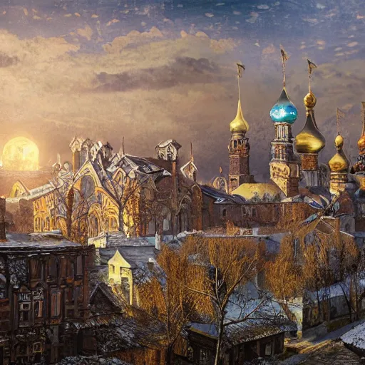 Prompt: photo ancient Slavic Russian city of Kitezh, concept art, painting by Viktor Vasnetsov, magical city, fantasy cityscape, ancient Slavs, wooden buildings, ancient Russian architecture, terem, hyperborea, top cinematic lighting , very detailed, 8k, high resolution