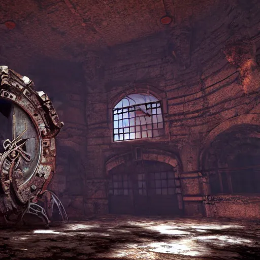 Prompt: an abandoned old rusty clocktower in a dark enormous cave, Low level light , digital art, unreal engine, trending on artstation, 4K UHD image