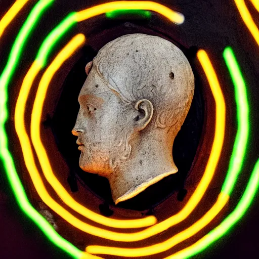 Image similar to a renaissance statue head surrounded by a neon ring