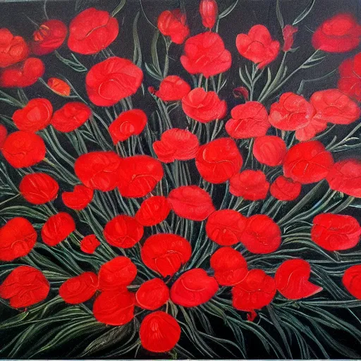 Image similar to oil painting of many various red flowers on a black background, painted by Sandro Botticelli, the flowers are floating, dark atmosphere, realistic flowers oil painting