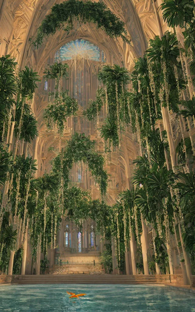 Image similar to beautiful grand cathedral interior with!! koi pond!! in the! middle! surrounded by palm trees, ivy,!! flowers!!, ( tropical plants ),!! roses!!, and with archways, rendered in octane render with photorealistic volumetric cinematic lighting, wide angle, horizontal symmetry, symmetrical! 8 k