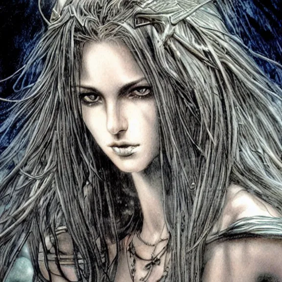 Prompt: a highly detailed portrait in the style of luis royo and in the style of milo manara.