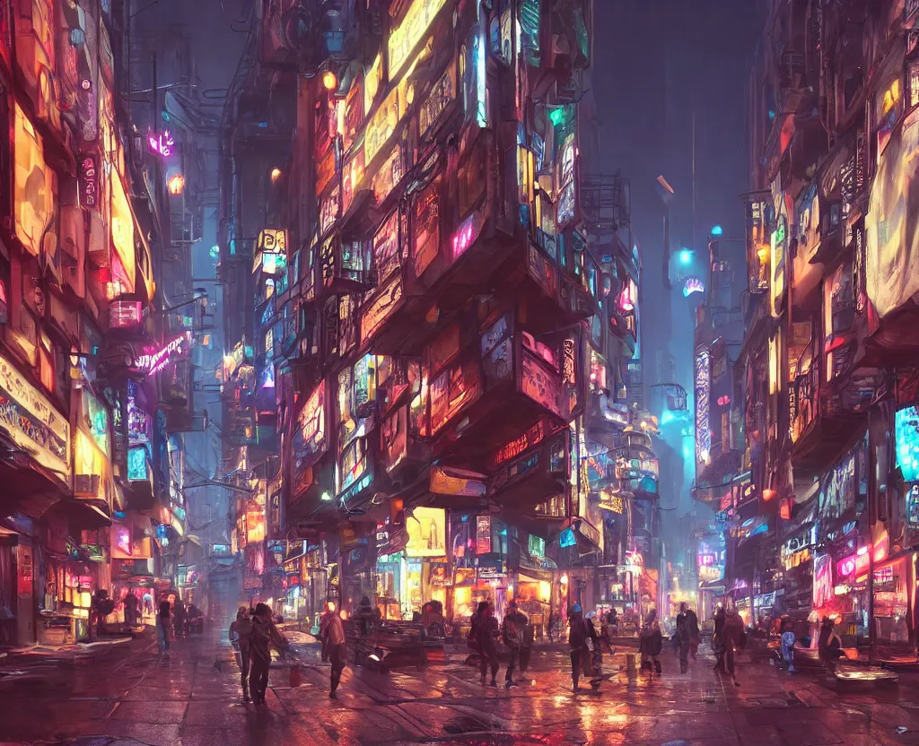 Image similar to Close wide angle shot of a matte painting environment design of future city alley with neon lights and advertisements, artstation, ultra realistic, volumetric lighting, 8k, unreal engine, octane render, art by Artgerm and Greg Rutkowski and Alphonse Mucha and Yoji Shinkawa