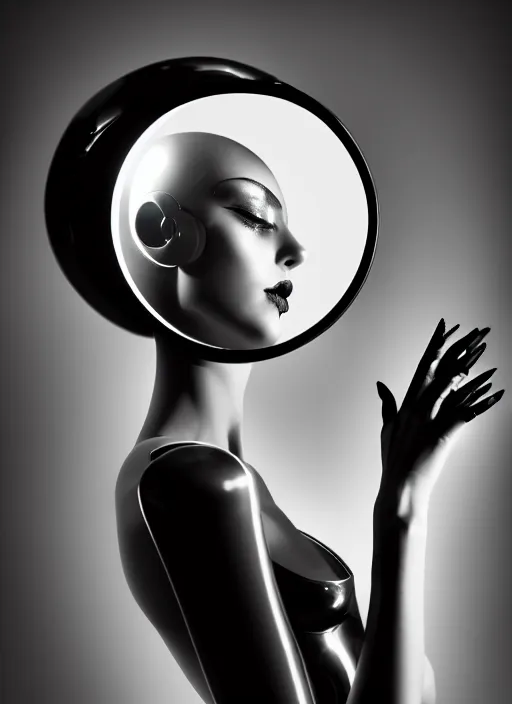 Image similar to surreal mythical dreamy dark artistic black and white fine art fashion portrait photo of a young beautiful delicate female metropolis robot kissing her mirror reflection, spiritual, halo, glory, rim light, cinematic, studio dramatic light, poetic, masterpiece, octane render, 8 k, photo - realistic by dora maar man ray