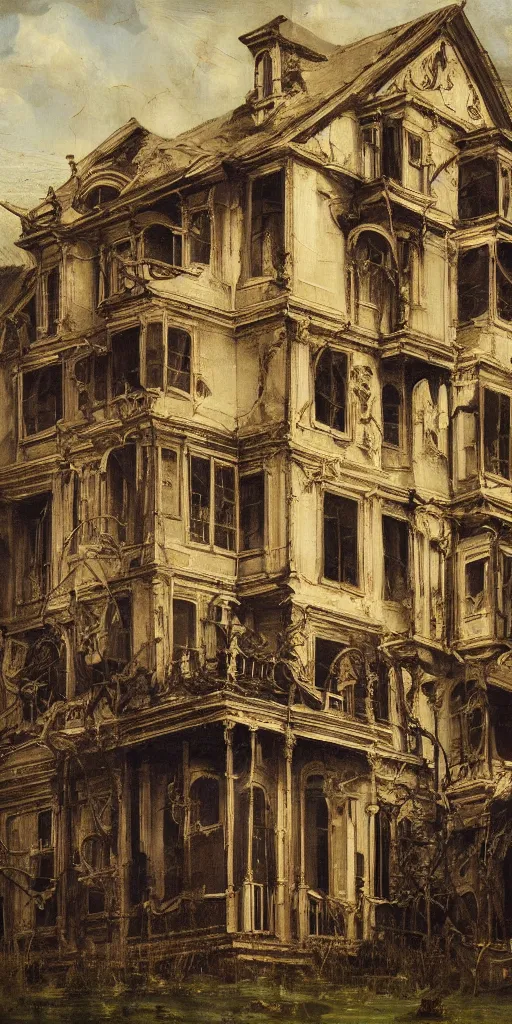 Prompt: detailed baroque oil painting of a singular dilapidated victorian house made of pipe organ parts, style of goya and fritz lang and alan lee, trending on artstation