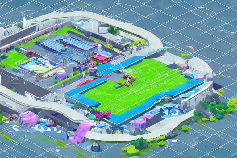 Image similar to isometric view of a futuristic high - tech sky arena inspired by modern skate parks and modern chinese playgrounds in the style of splatoon, day