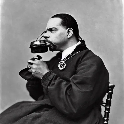 Image similar to tintype photo of ice - t, drinking iced tea with a straw, by julia margaret cameron 1 8 8 0 s, realistic, body shot, sharp focus, 8 k high definition, insanely detailed, intricate, elegant