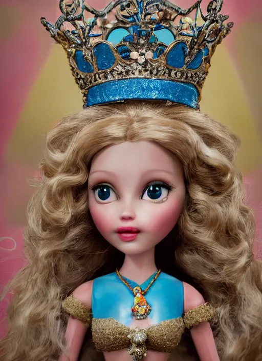 Image similar to closeup profile portrait of tin toy fairytale princess wearing a crown, bikini, depth of field, zeiss lens, detailed, symmetrical, centered, fashion photoshoot, by nicoletta ceccoli, mark ryden, lostfish, breathtaking, 8 k resolution, extremely detailed, beautiful, establishing shot, artistic, hyperrealistic, octane render