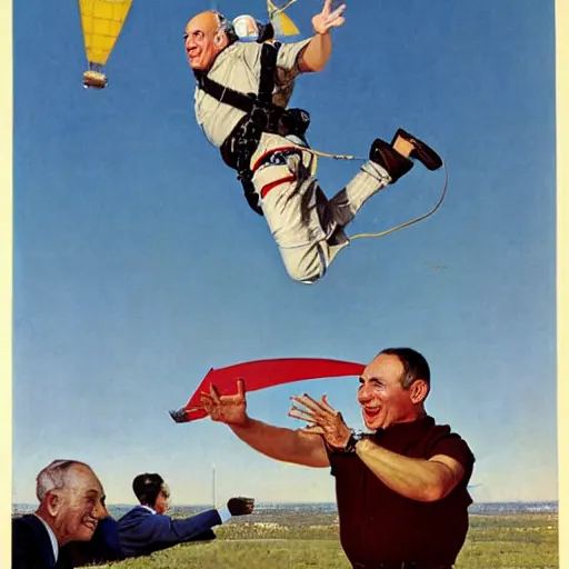 Prompt: benjamin netanyahu skydiving, plane and parachute in background, by norman rockwell, highly detailed, sharp faces