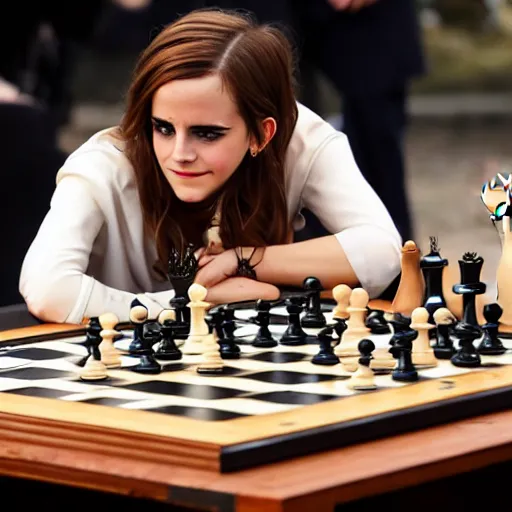 Image similar to emma watson playing chess against gary kasparov and winning!